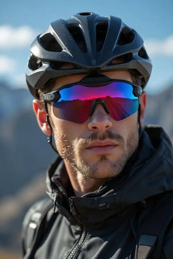 Cyclist in wraparound sports sunglasses in the mountains